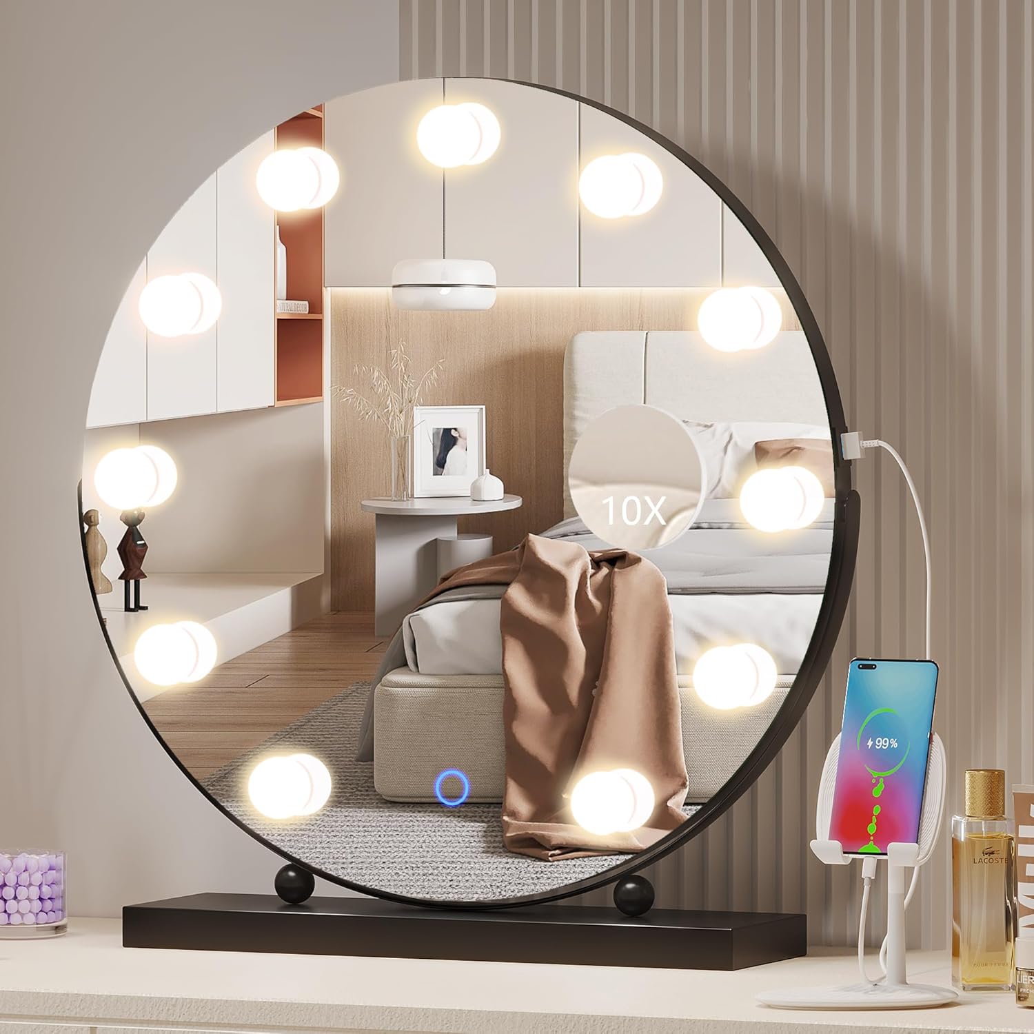 LVSOMT Hollywood Espejo de maquillaje con luces, espejo de maquillaje de 20 pulgadas con aumento de 10X, espejo LED redondo de rotación de 360 con