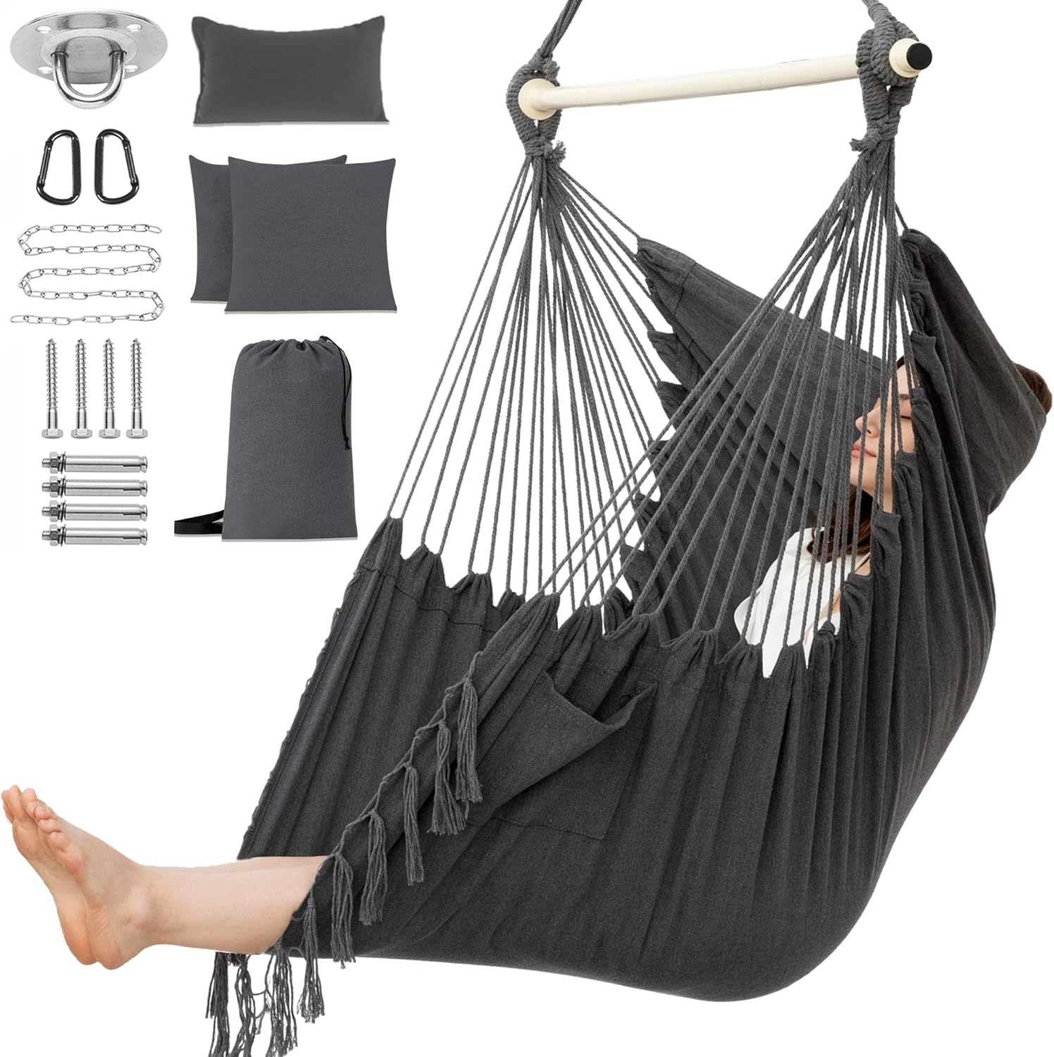 PNAEUT Silla hamaca tamaño XXL, silla colgante, silla oscilante, máximo 550 libras, reposacabezas patentado, 2 cojines, macramé grande con bolsillo,