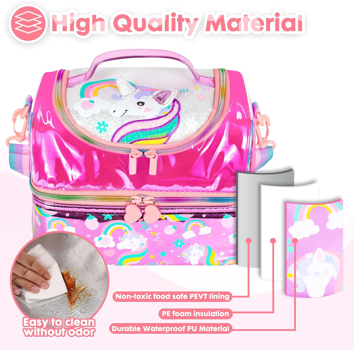 YOYTOO Bolsa de almuerzo aislada de dos pisos para niños, niñas, hombres, mujeres, con correa ajustable, unicornio