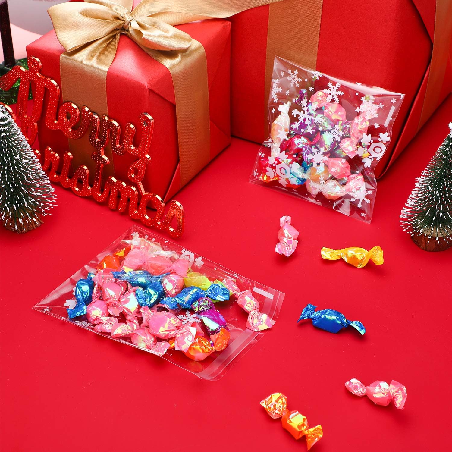 200 bolsas de galletas de Navidad, bolsas de celofán, bolsas transparentes para dulces, bolsas de regalos con sello autoadhesivo (4 x 4 pulgadas)