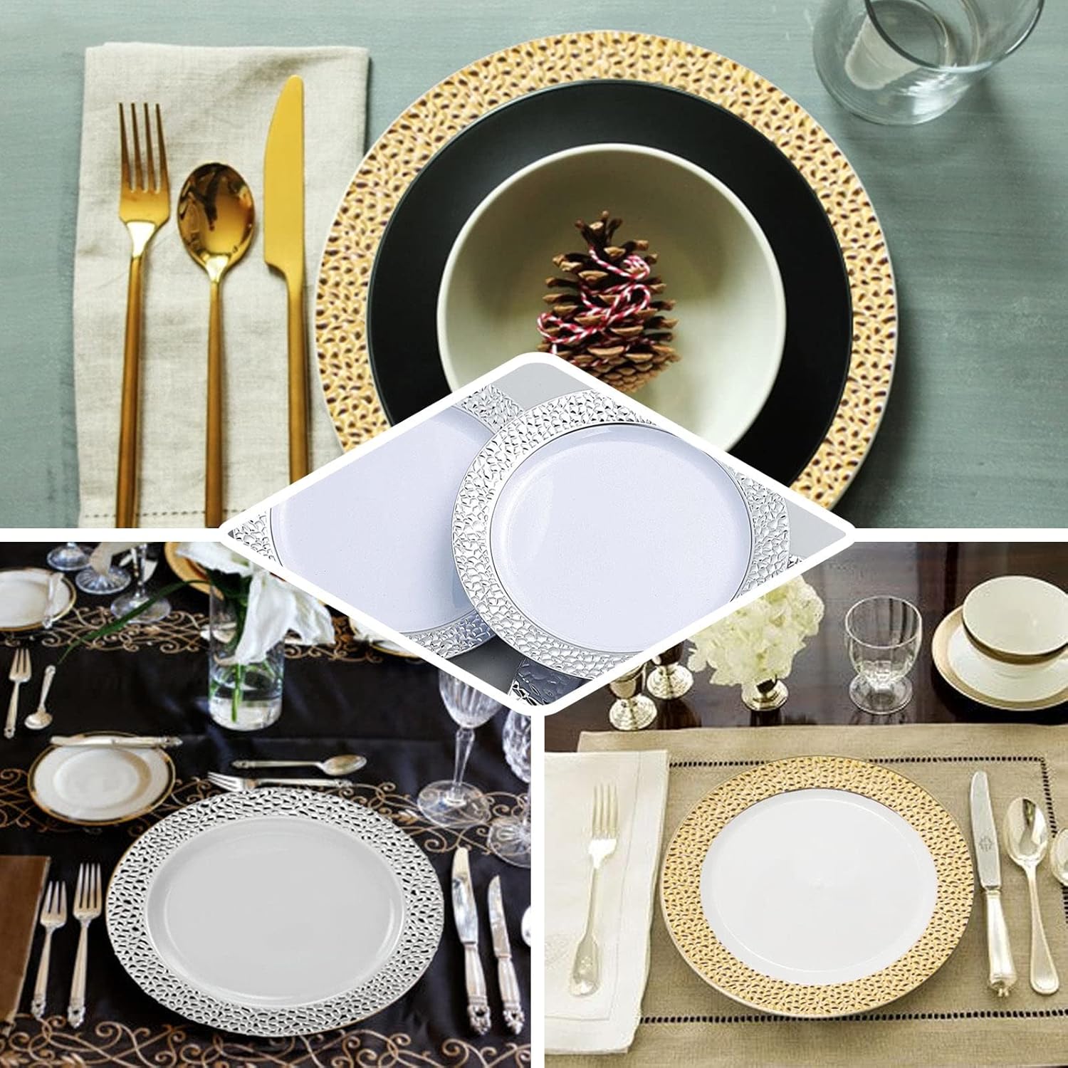 Efavormart – Paquete de 10 platos llanos de plástico martillado transparente de 10 pulgadas con borde dorado