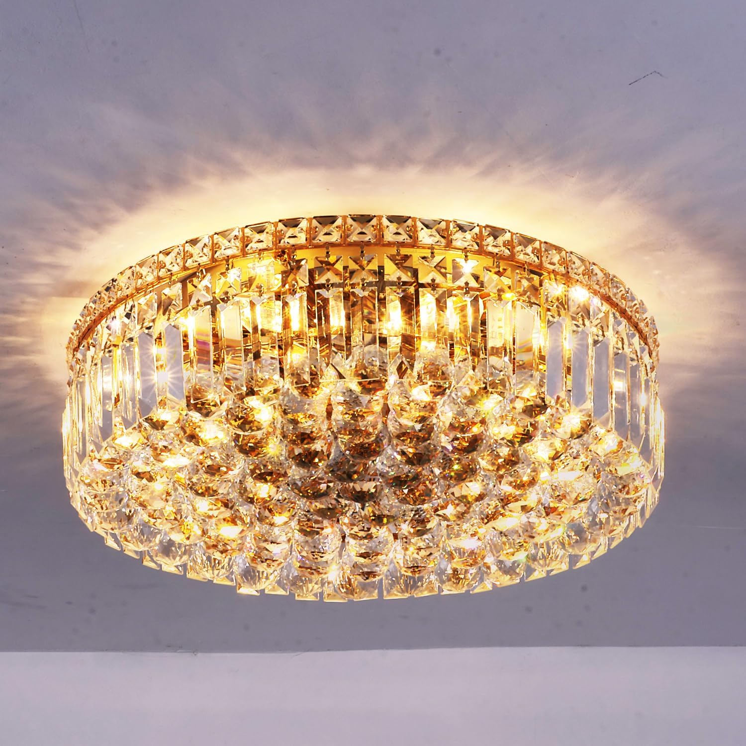 CEENLI Lámpara de araña de cristal dorado con 6 luces de montaje empotrado, lámpara de techo moderna de cristal K9, elegante lámpara colgante para