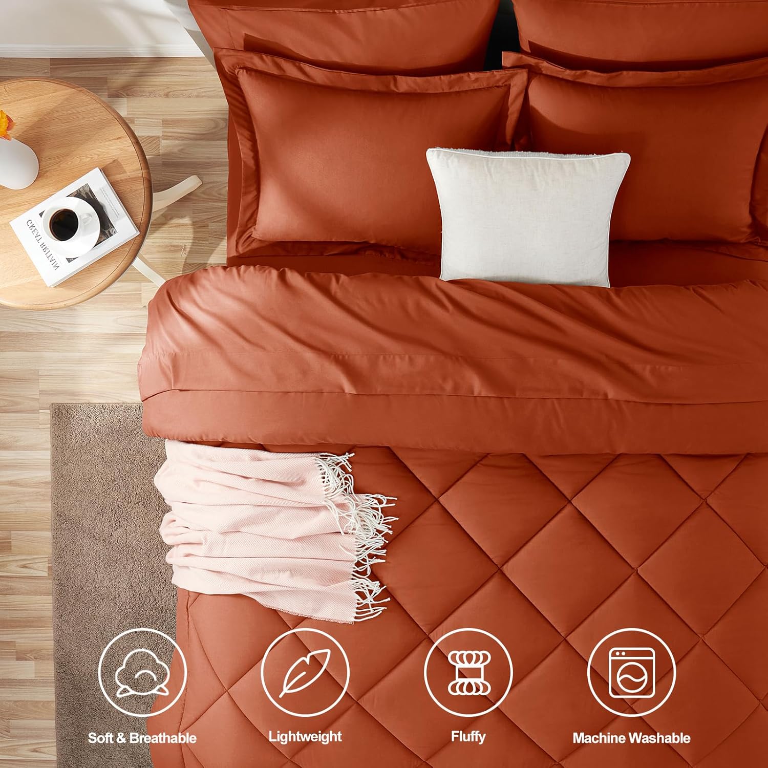 CozyLux Juego de edredón King con sábanas de 7 piezas en una bolsa, color naranja quemado, para todas las estaciones, con edredón, fundas de