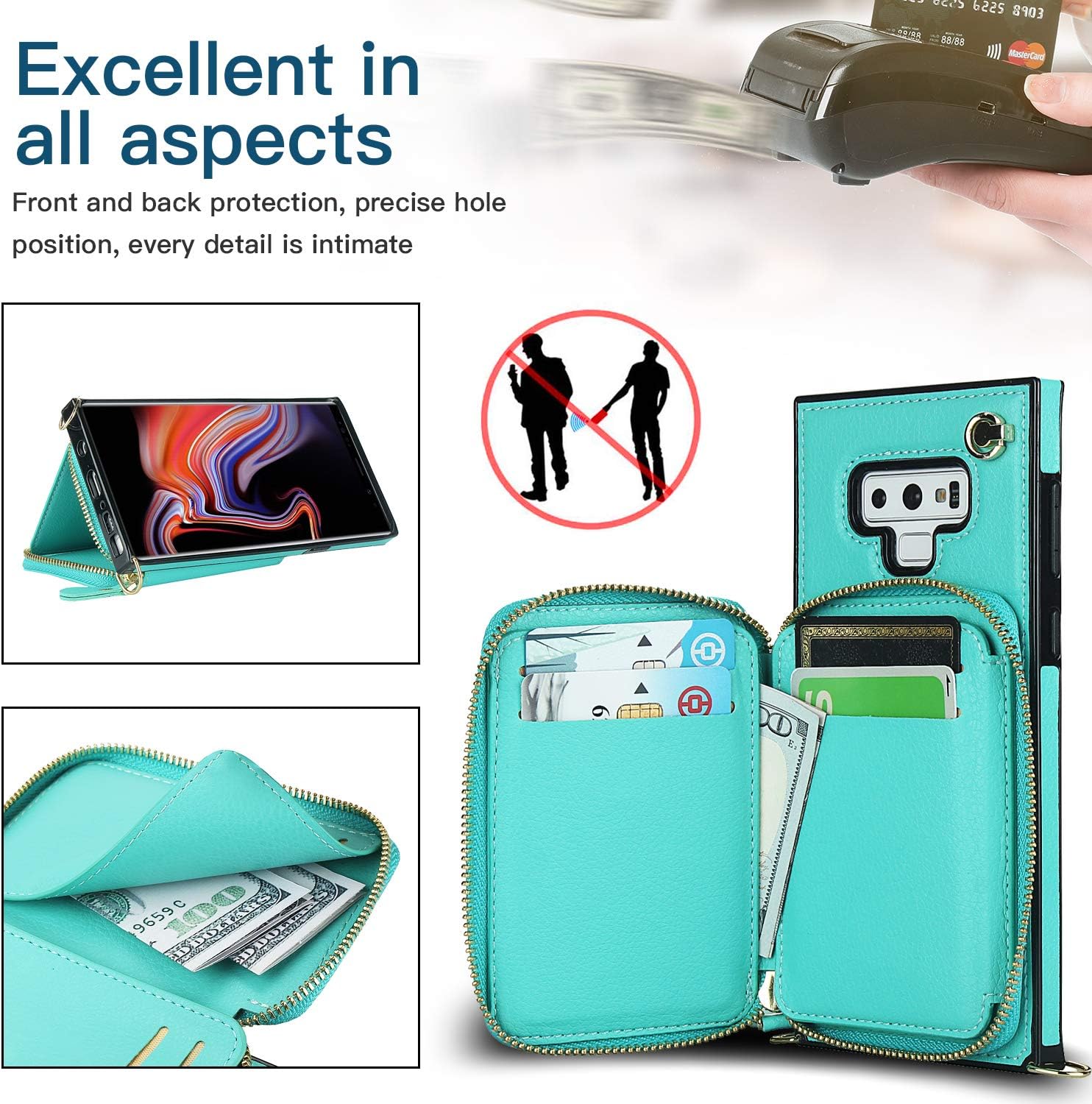 Asuwish Funda de teléfono para Samsung Galaxy Note 9 con protector de pantalla de vidrio templado y soporte para tarjetas con cremallera, soporte de
