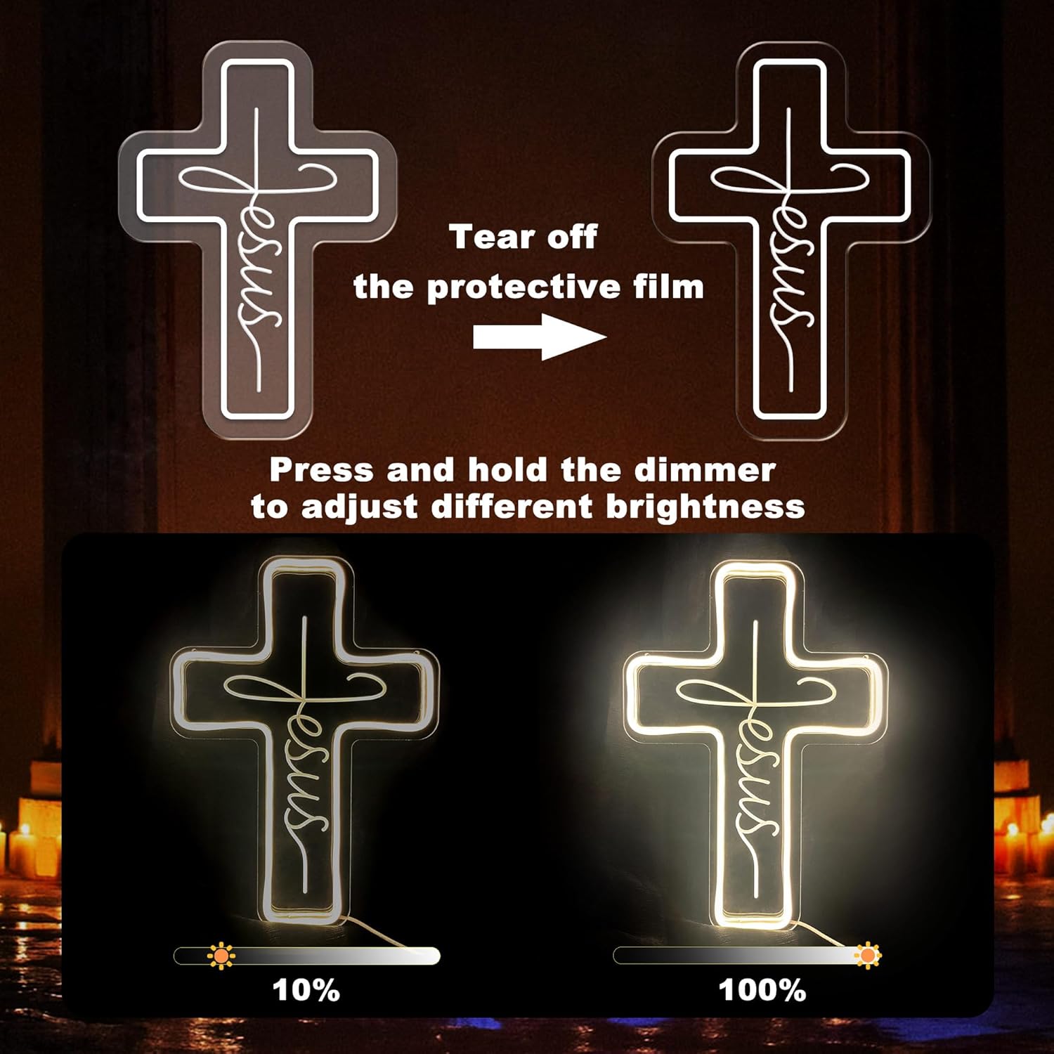 Letreros de neón con cruz de Jesús, decoración de pared LED para dormitorio, sala de estar, bodas, letrero de luz regulable para decoración del