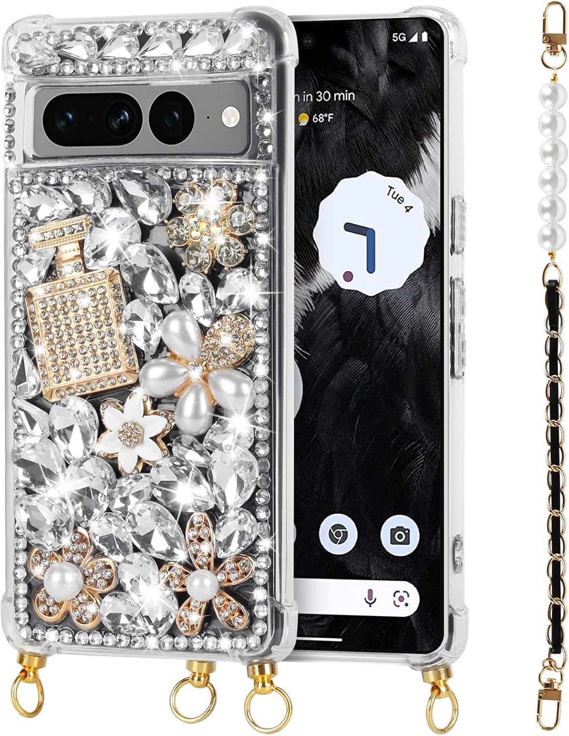 Leiju Case Funda para Google Pixel 7 con diseño de correa con purpurina, 3D hecha a mano con piedras brillantes de cristal y diamantes brillantes