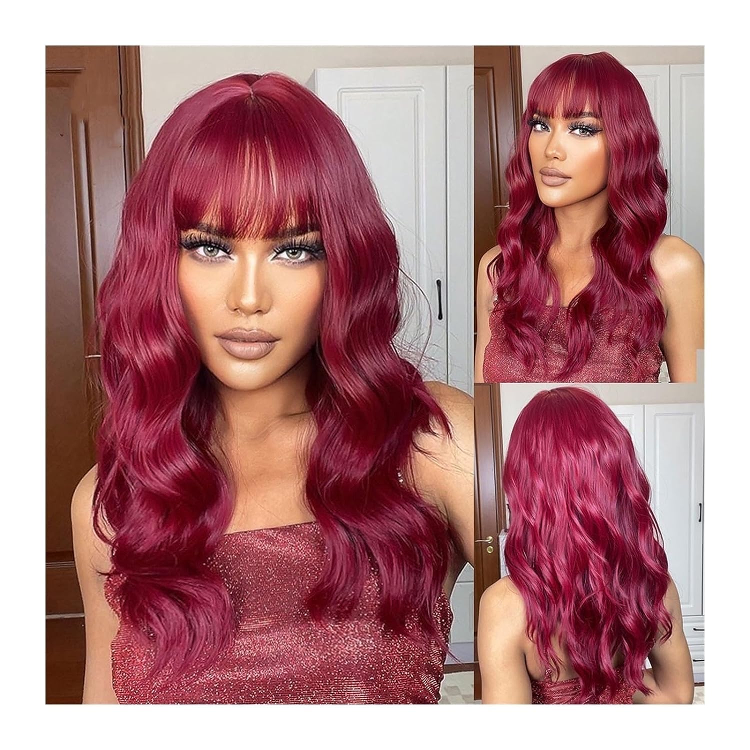 Pelucas sintéticas largas y rizadas de color rojo vino burdeos con flequillo, peluca ondulada de longitud media para mujer, afro natural, resistente