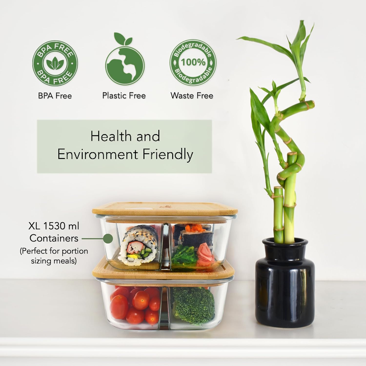 EcoPreps Contenedores grandes de vidrio Bento con tapas de bambú, 3 compartimentos de vidrio para preparación de comidas (paquete de 2, XL 100%