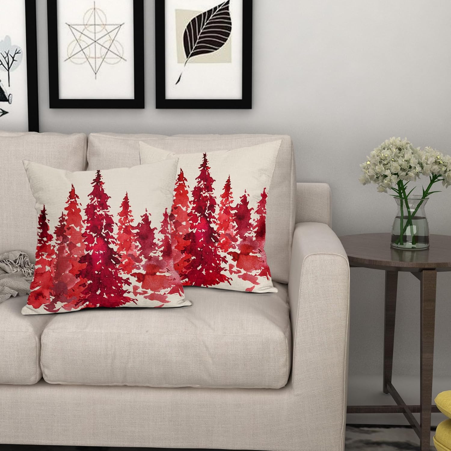 Juego de 2 fundas de almohada de árbol rojo acuarela de 18 x 18 pulgadas, fundas de almohada decorativas de Navidad con temática de naturaleza,