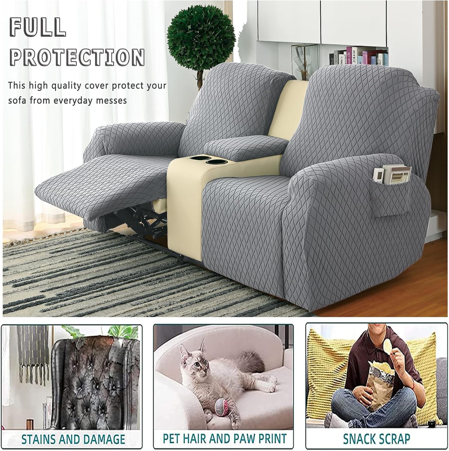 XUANZYANG Fundas elásticas para sofá biplaza reclinable, 6 piezas, fundas para sofá reclinable con bolsillos, fundas de sofá reclinable de jacquard,