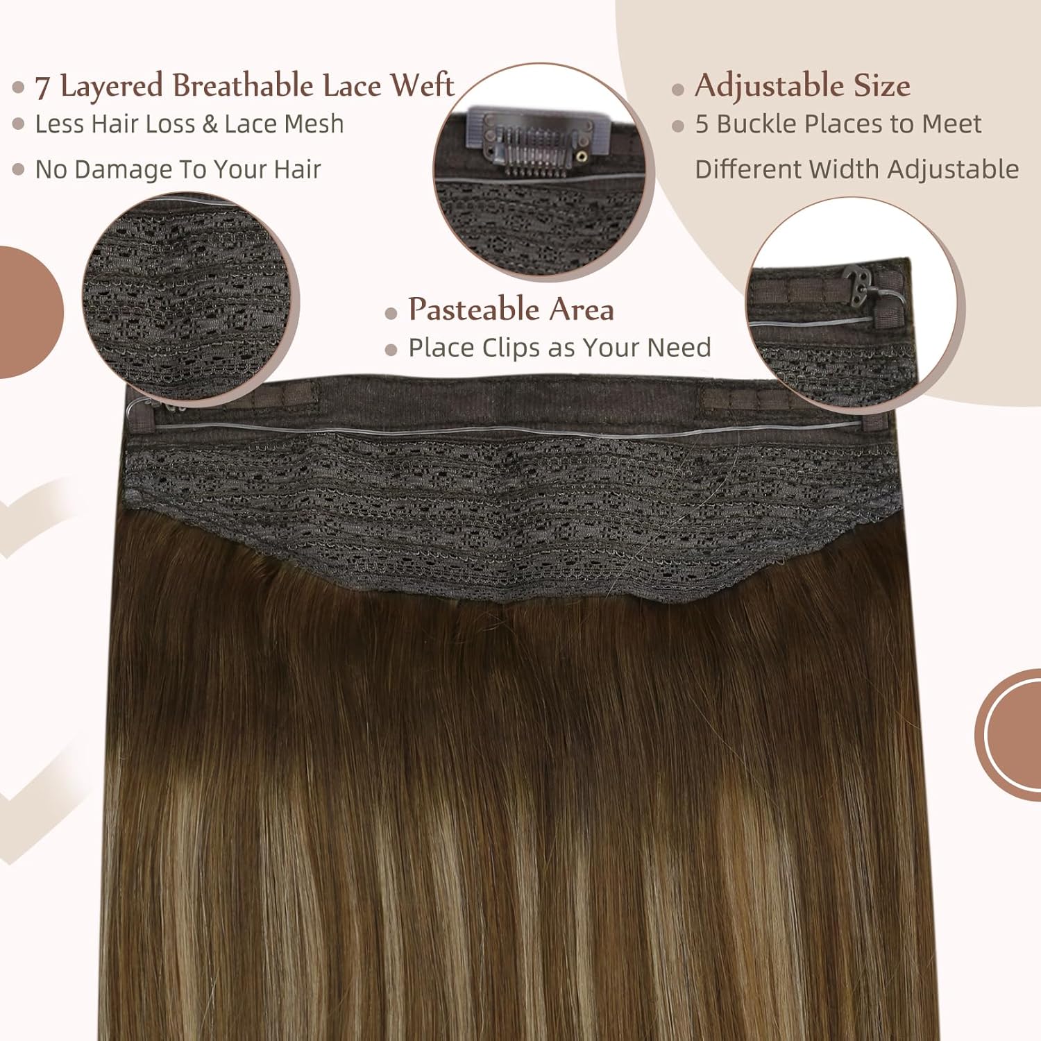 Fshine – Extensiones de cabello humano con alambre, balayage castaño cálido a rubio miel, 12 pulgadas, 2.47 onzas, extensiones de cabello humano