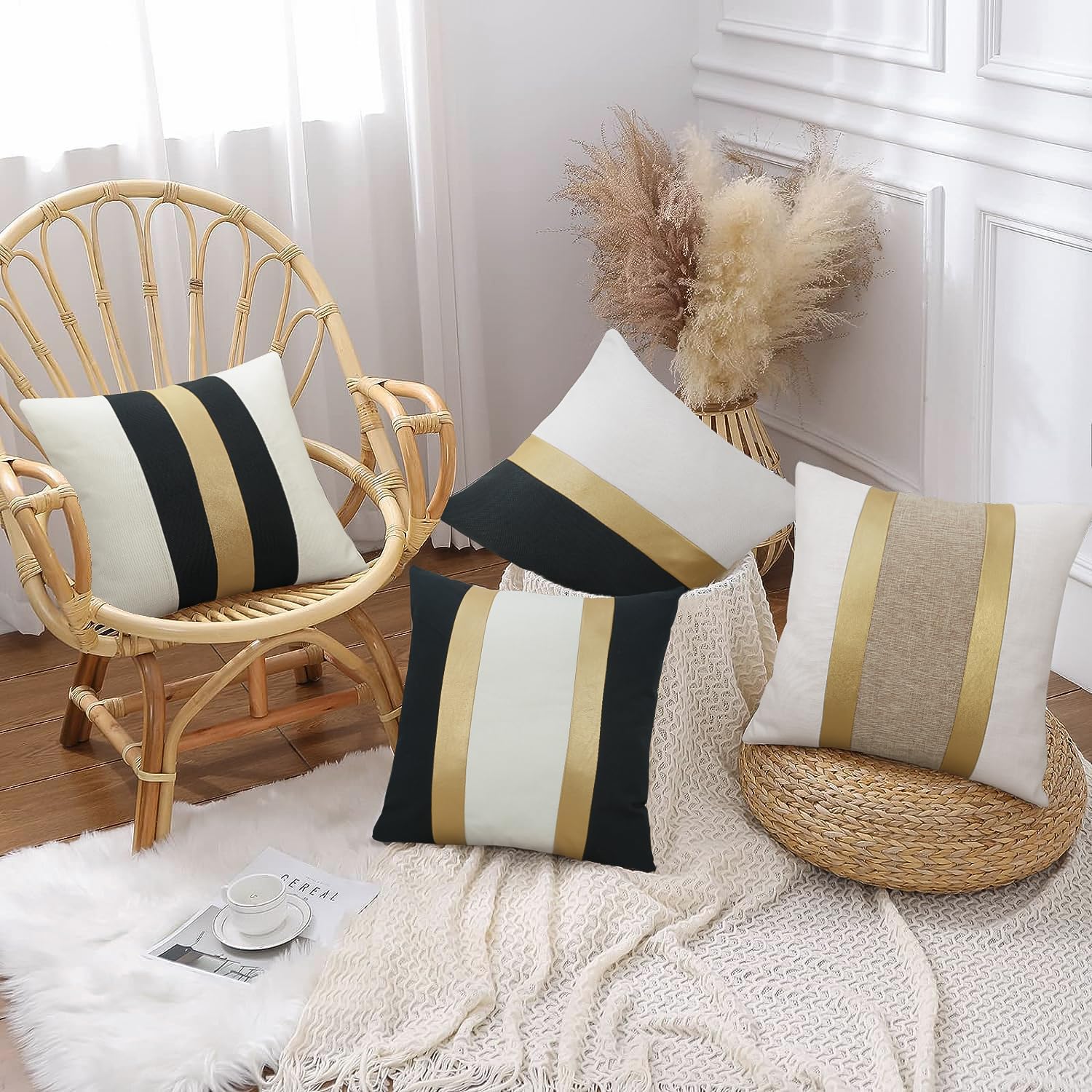 Juego de 2 fundas de almohada de piel sintética y algodón de 18 x 18 pulgadas, fundas de almohada decorativas blancas y camello con retazos de rayas