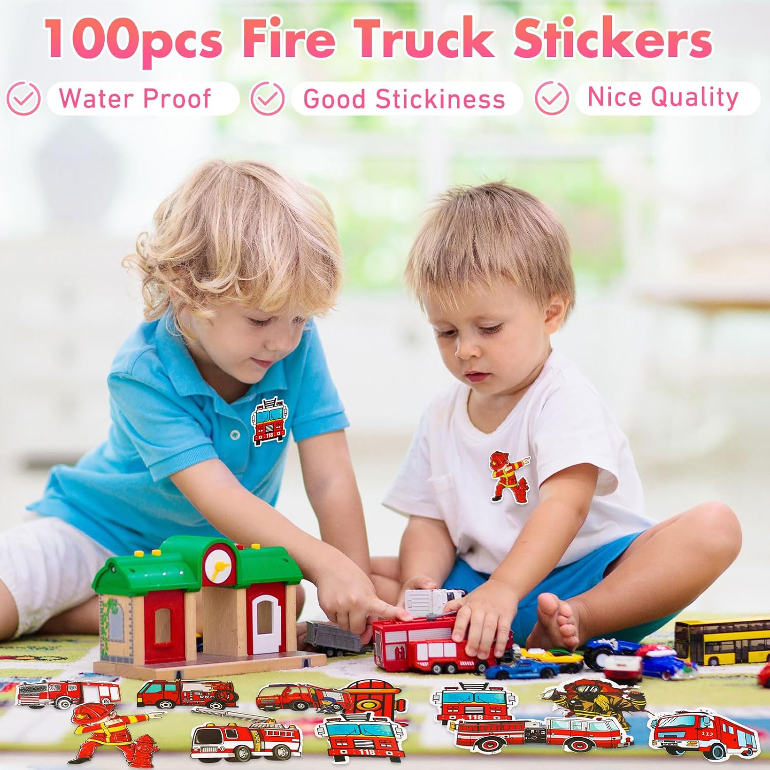 Glenmal 100 calcomanías de camión de bomberos para niños, calcomanías de bomberos, lindos camiones de bomberos, regalos de fiesta de cumpleaños,