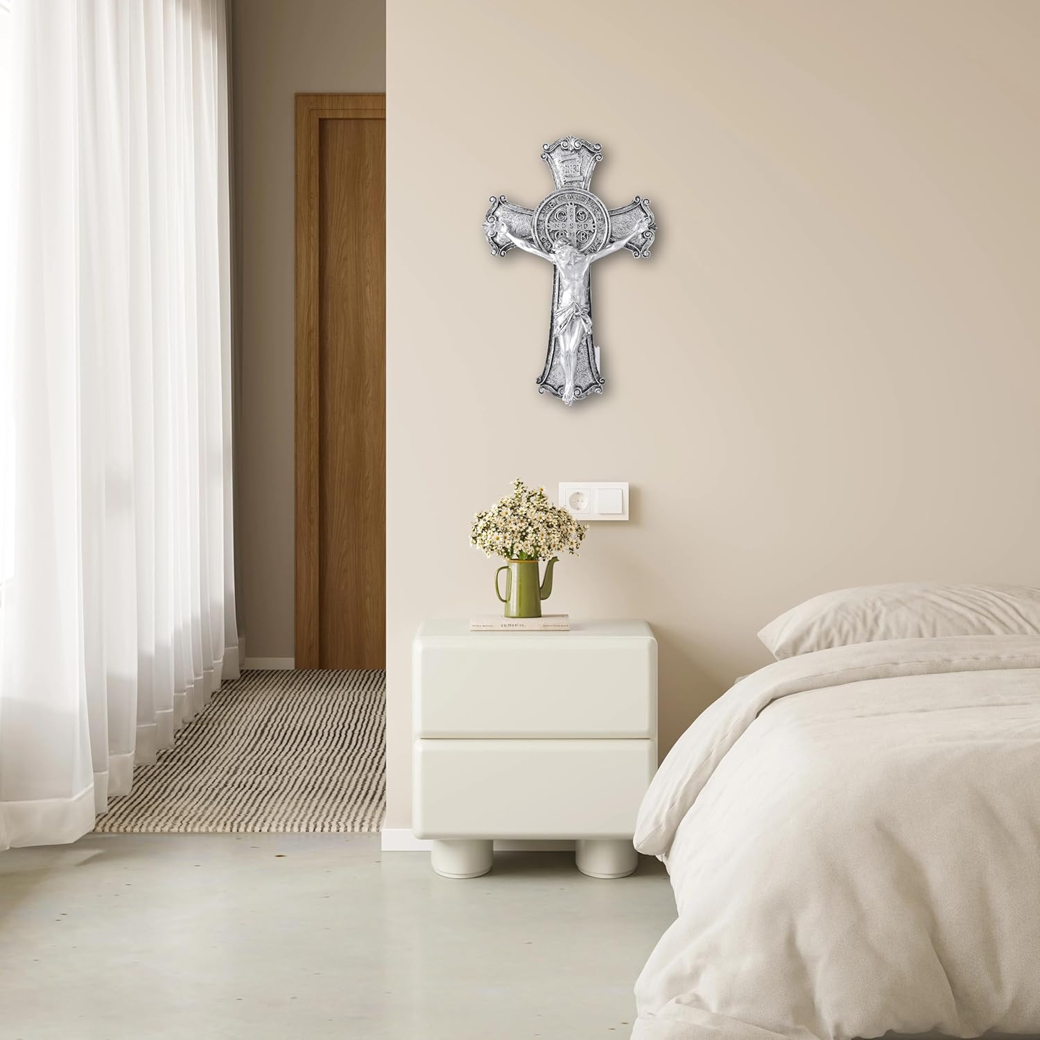 Taprion Crucifijo – Cruz de pared de resina de San Benito – Cruz plateada de 10 pulgadas da bendición y lo sagrado espiritual regalo de fe para tus