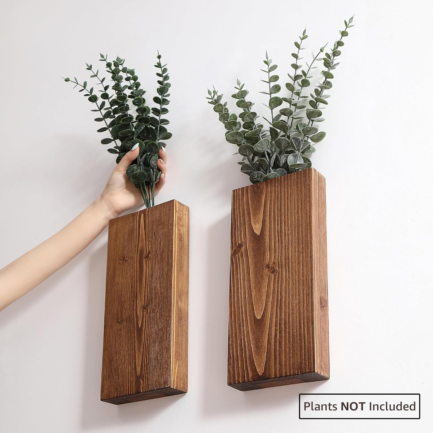 Juego de 2 macetas de madera para pared, bolsillo de pared de madera para flores secas y vegetación, florero colgante de madera para interiores,