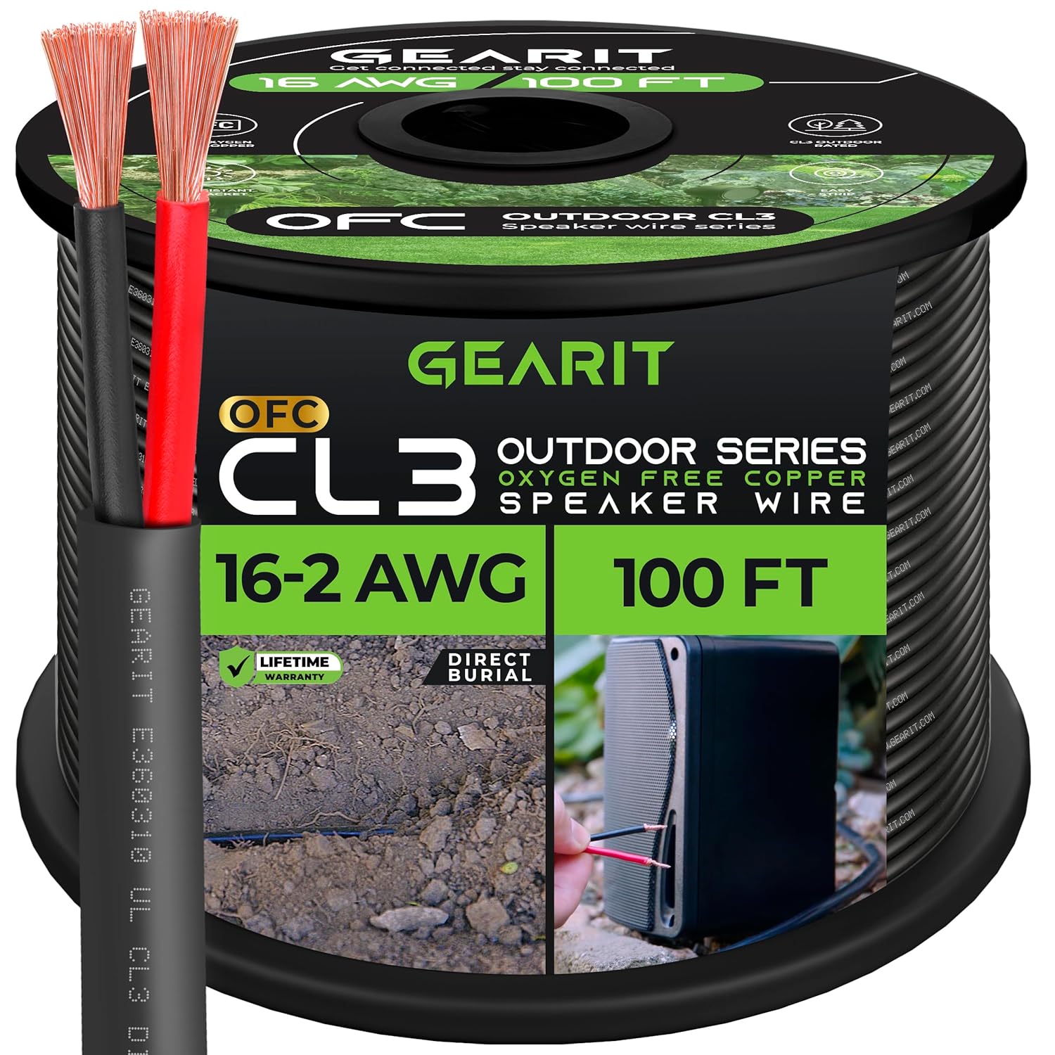GearIT Pro Serie 14 AWG – Cable de altavoz OFC de calibre 14 AWG CL3, (100 pies  30.48 metros negro) Cobre sin oxígeno UL, clasificado CL3 para