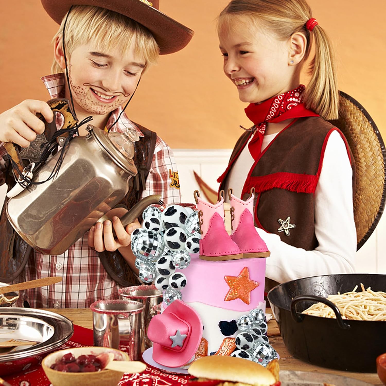 25 piezas de decoraciones para tartas de vaquera, sombrero de vaquera y botas, decoración de pastel de bola de discoteca, decoración de pastel de