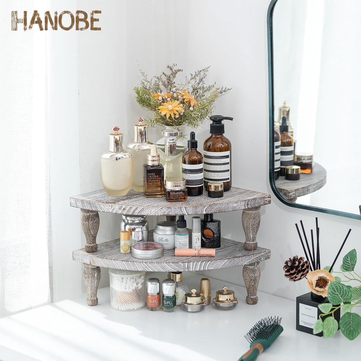 Hanobe Elevador de madera para mostrador de esquina bandeja decorativa rústica, juego de 2 soportes de pedestal de madera para exhibición, bandejas