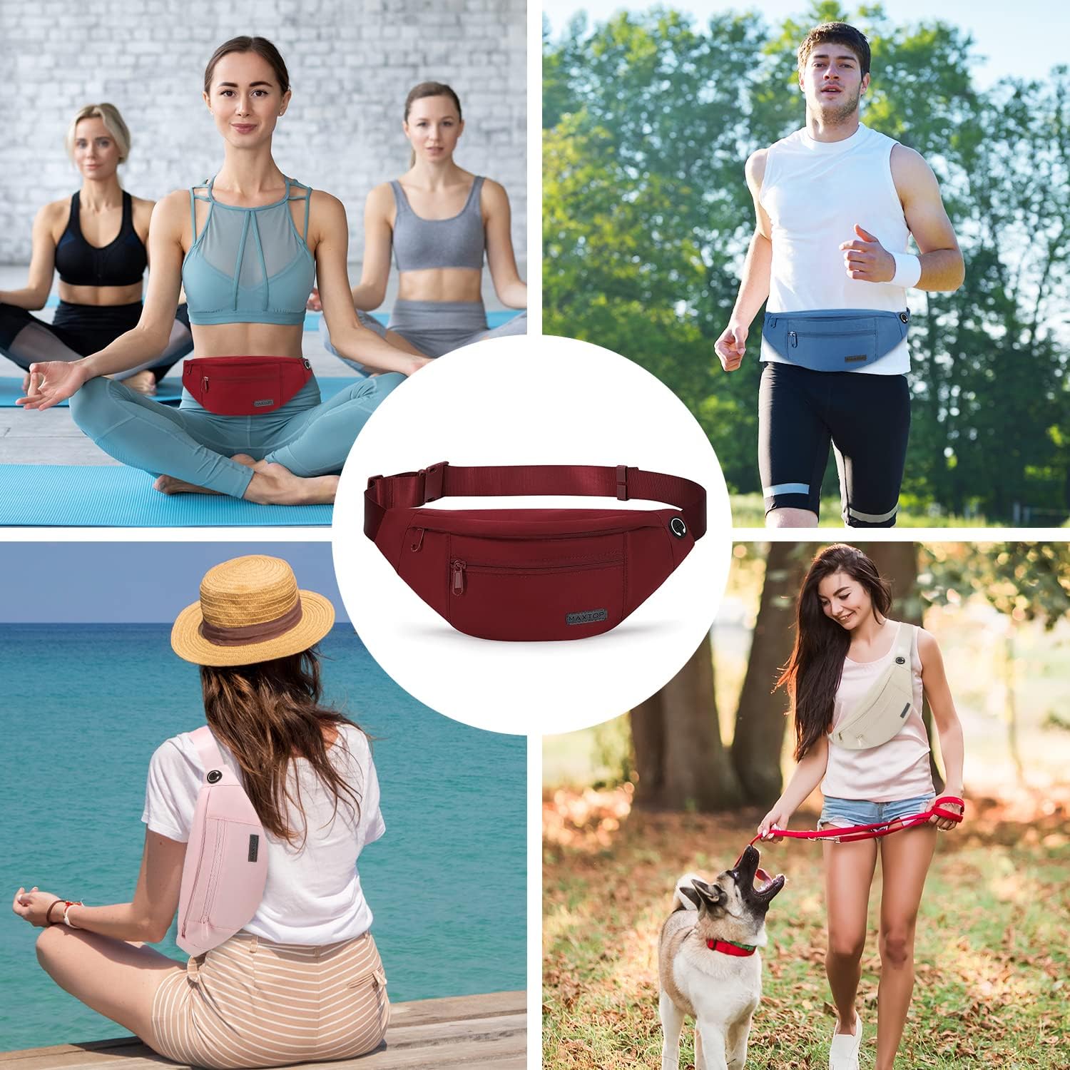 MAXTOP – Cangurera cruzada y grande con 4 bolsillos con cremallera, para deportes, festivales, entrenamientos, viajes, salir a correr y uso casual,