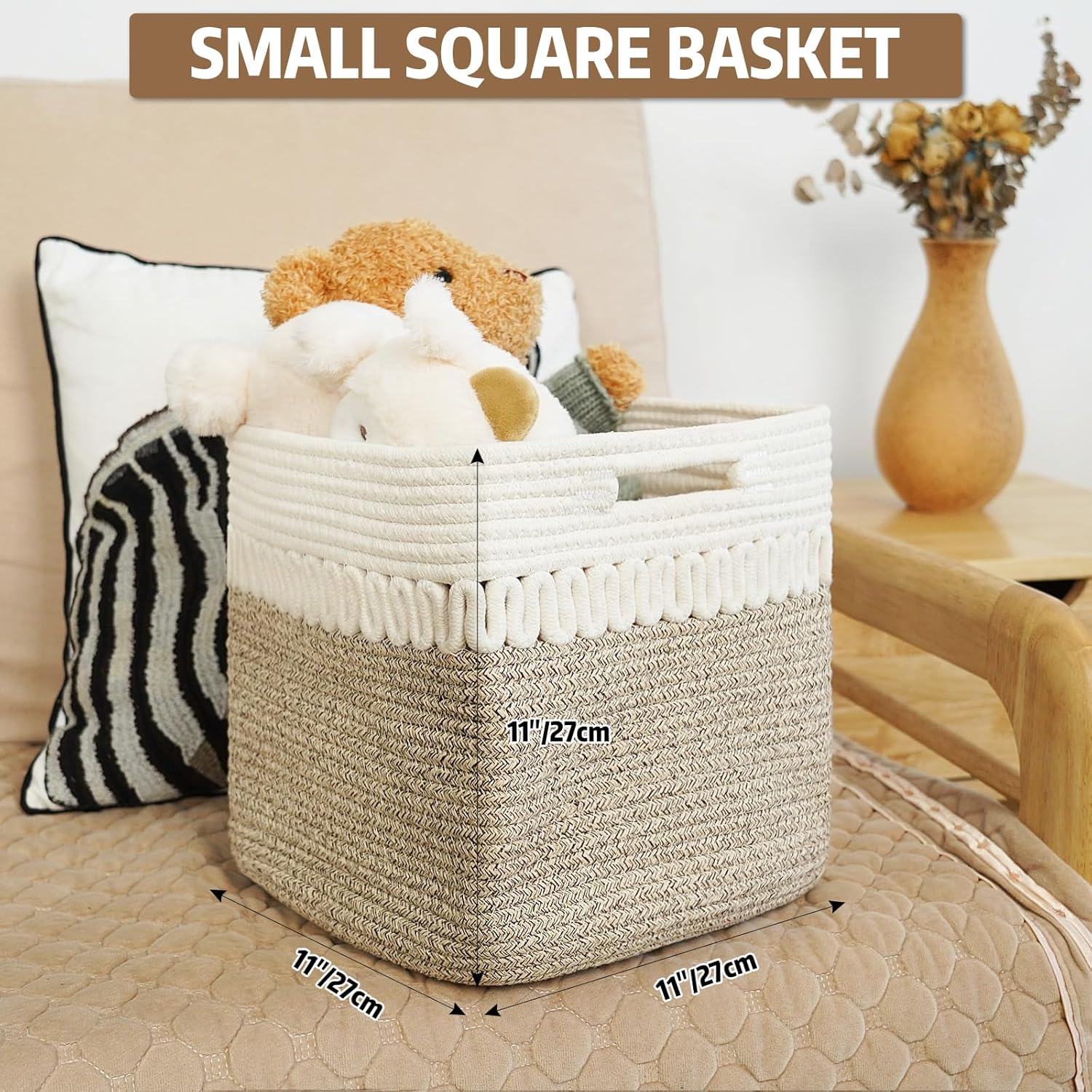 Paquete de 2 cestas de almacenamiento pequeñas, cubos de almacenamiento de 11 x 11 x 11 pulgadas para estantes, canasta de juguetes para bebés y