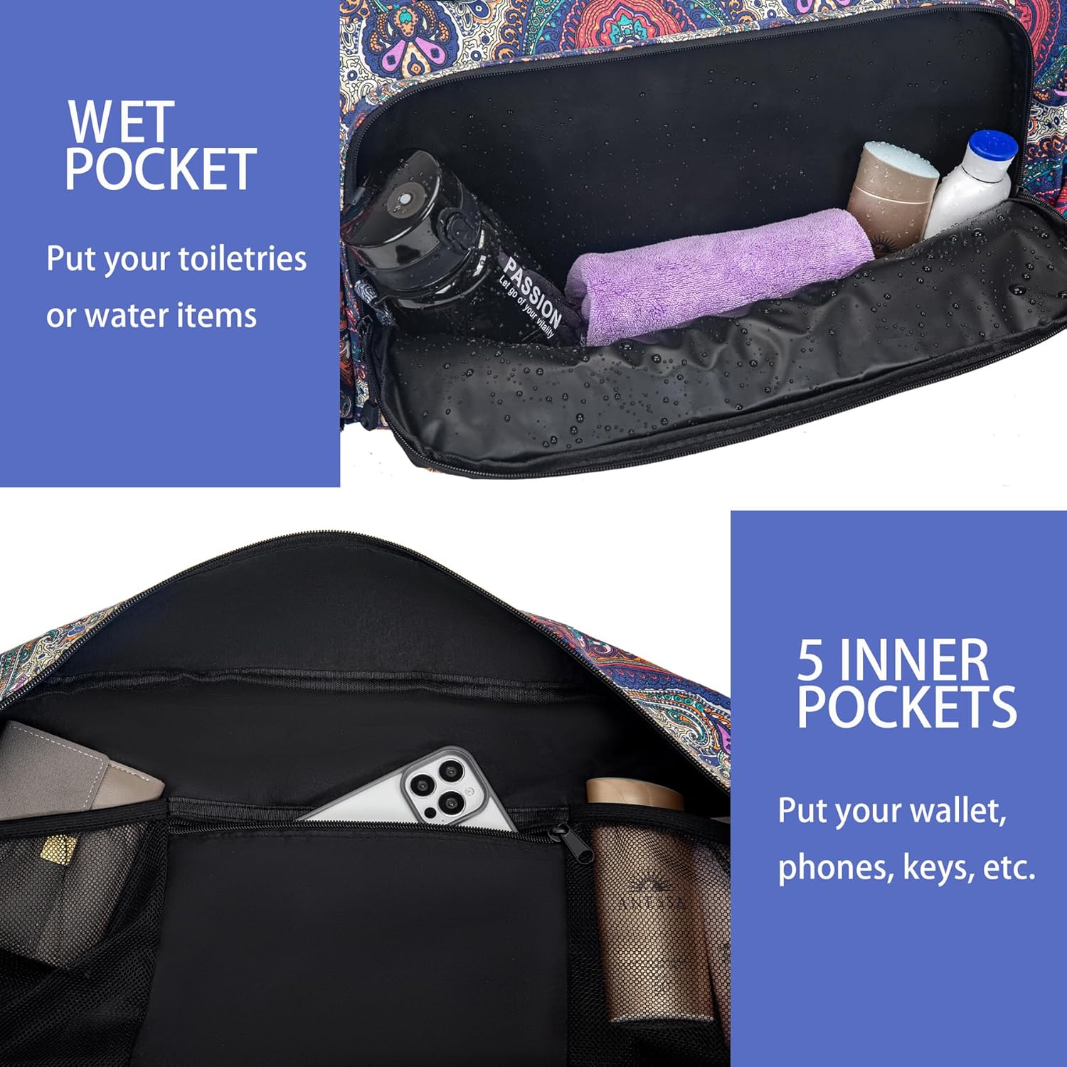 Vintay Bolsa de gimnasio para mujeres y hombres, bolsa de yoga con bolsillo para botella de agua y bolsillo húmedo, bolsa de viaje para avión,