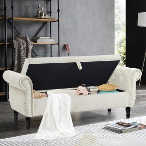 KINFFICT Banco de almacenamiento tapizado de terciopelo, beige, marco de madera de caucho, amplio espacio de almacenamiento, diseño elegante, uso KINFFICT Banco de almacenamiento tapizado de terciopelo, beige, marco de madera de caucho, amplio espacio de almacenamiento, diseño elegante, uso