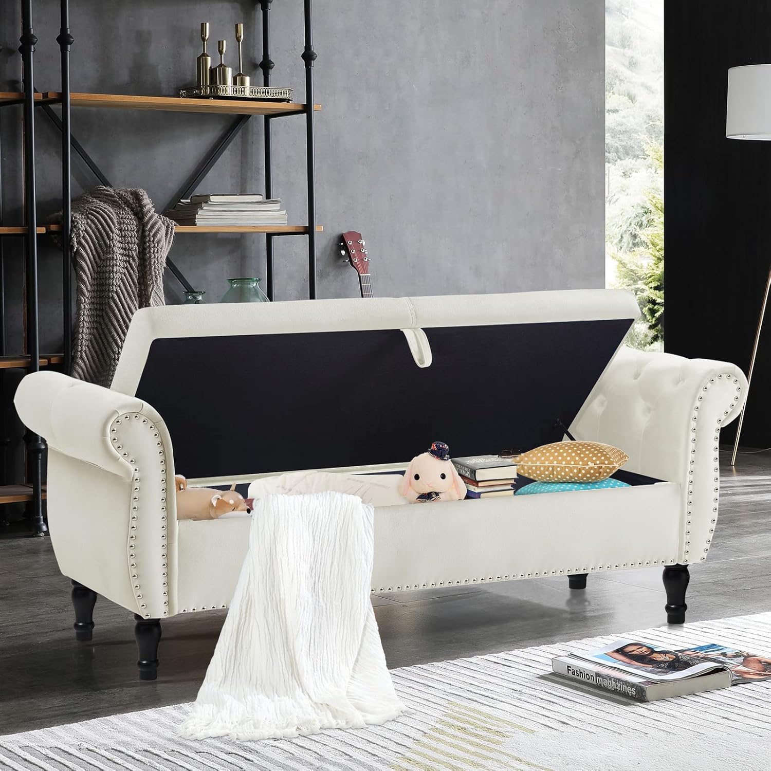 KINFFICT Banco de almacenamiento tapizado de terciopelo, beige, marco de madera de caucho, amplio espacio de almacenamiento, diseño elegante, uso