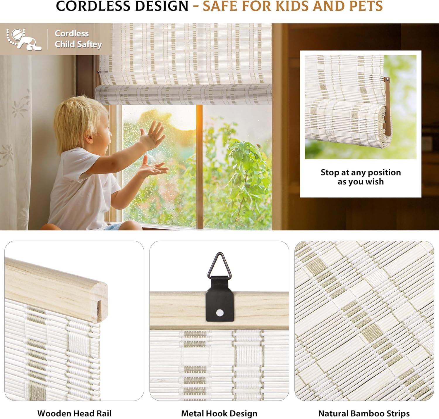 LazBlinds Persianas de bambú sin cordón, persianas enrollables de bambú para ventanas, persianas colgantes con filtro de luz, persianas de bambú