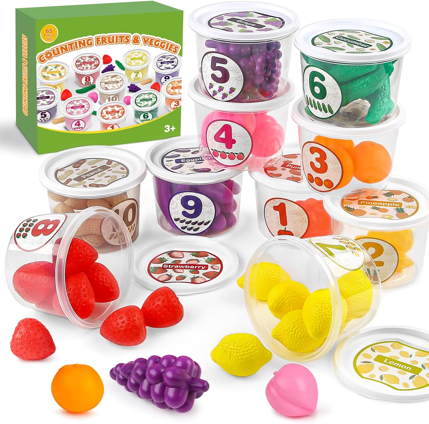 Joyreal Juguetes de clasificación de color, tinas clasificadoras de alimentos con frutas y verduras, 65 piezas de uno a diez juguetes de aprendizaje