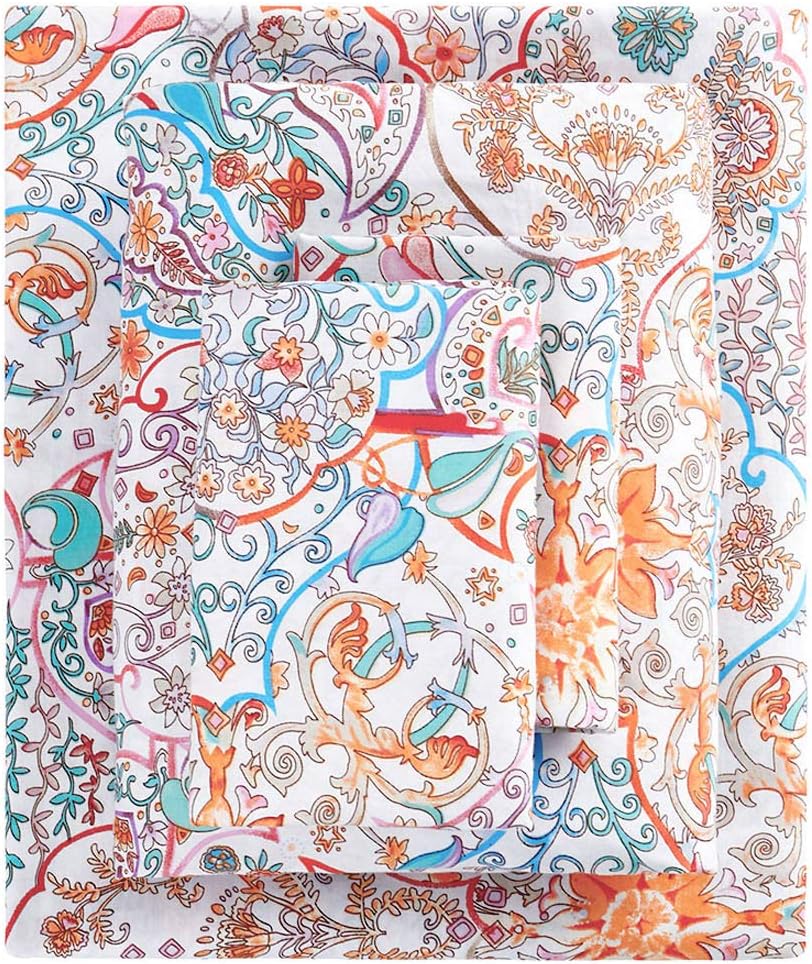 Wake In Cloud – Juego de sábanas bohemias, ropa de cama 100% algodón, estampado de mandala indio bohemio chic (4 piezas, tamaño matrimonial)
