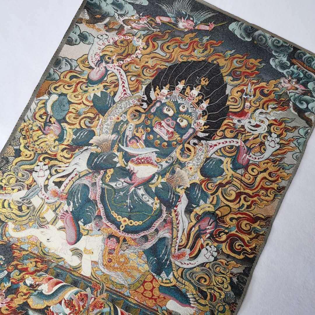 Tapiz de seda bordado de budismo Tíbet Thangka de seda de 6 brazos Mahakala Wrathful Deity Tangka Fengshui para colgar en la pared para decoración