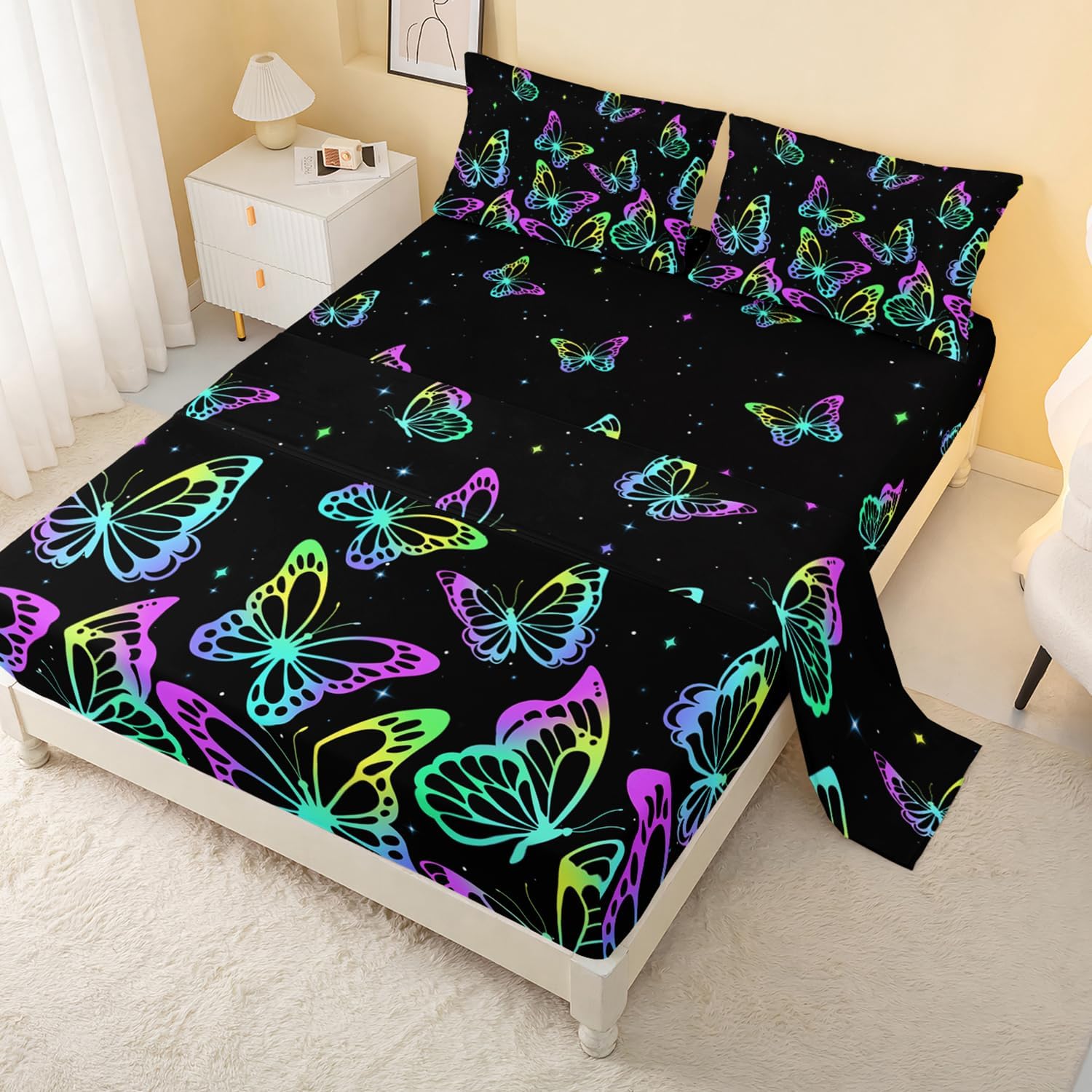 CVHouse Juego de sábanas de mariposa neón, tamaño individual, 1 sábana encimera y 1 sábana bajera con 2 fundas de almohada, 4 piezas