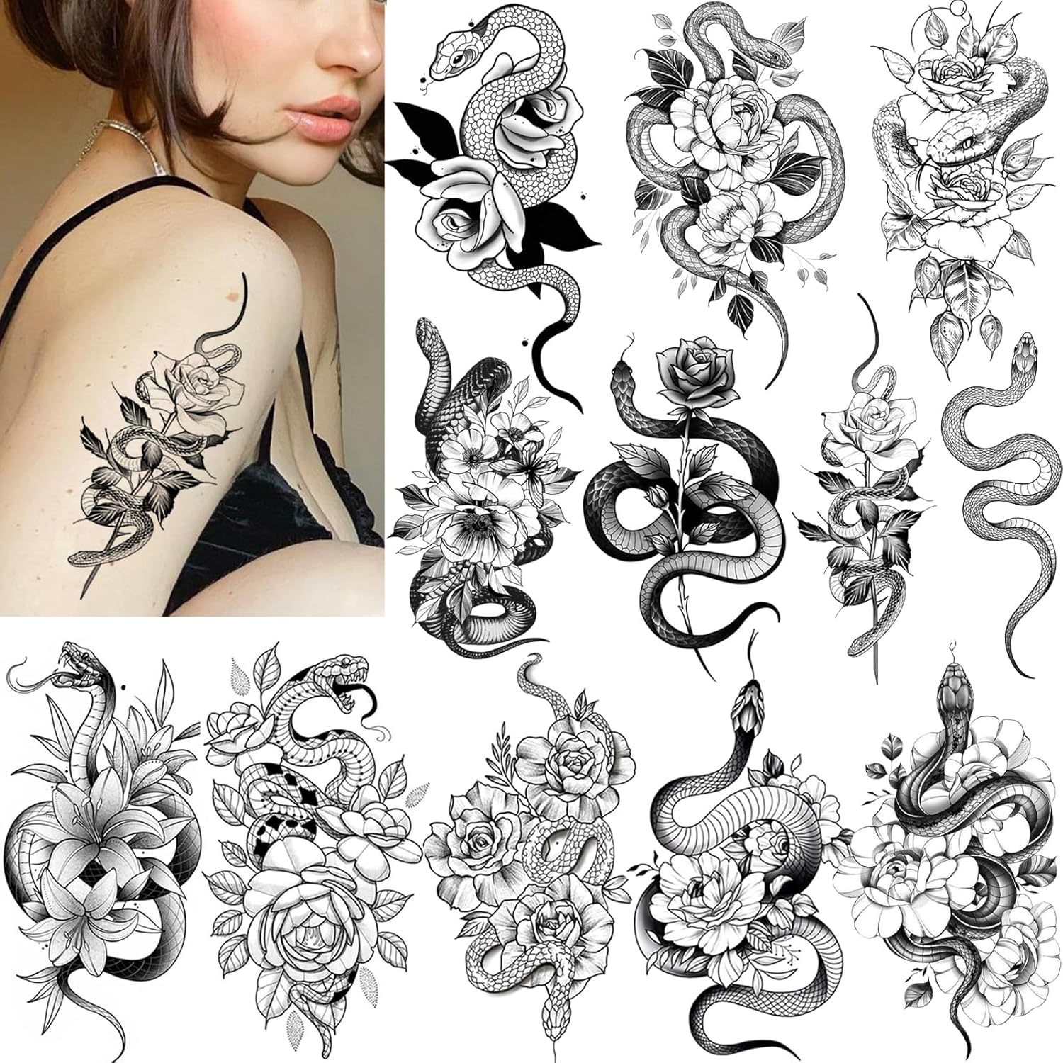 Tatuajes temporales de serpiente, 12 hojas 3D negras realistas de serpiente, rosa, tatuajes florales, calcomanías grandes y sexys de serpiente,