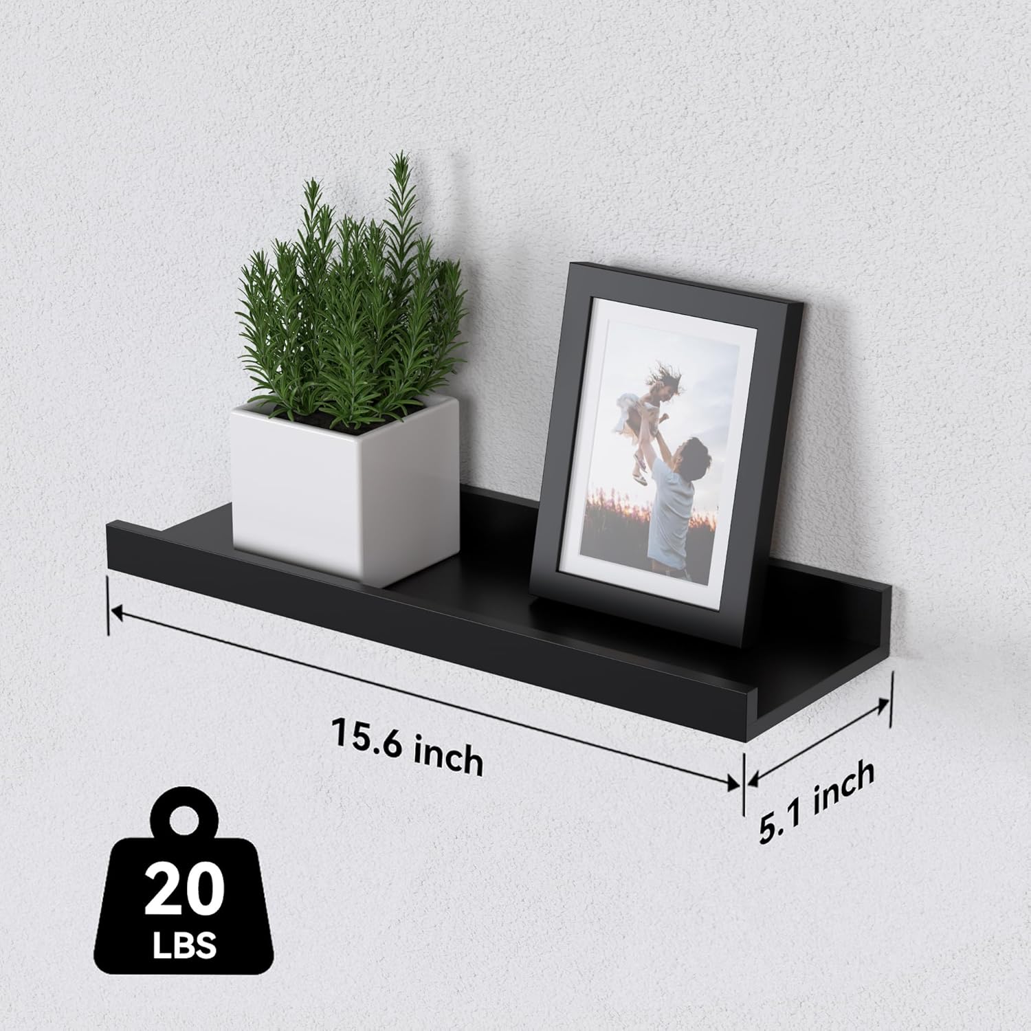 DOLLFIO Juego de 6 estantes flotantes, estantes de pared negros con labio, estantes de exhibición para decoración de pared, repisa de imagen moderna