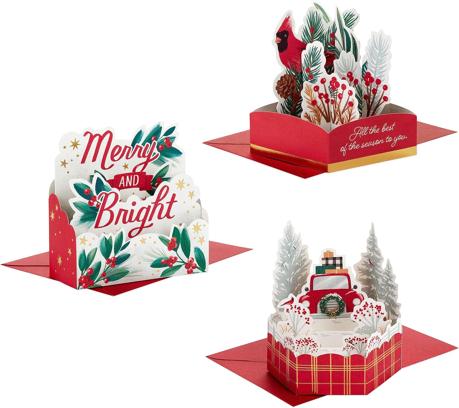 Hallmark Paper Wonder – Mini tarjetas de Navidad emergentes (3 tarjetas con sobres camión rojo, cardenal, feliz y brillante)