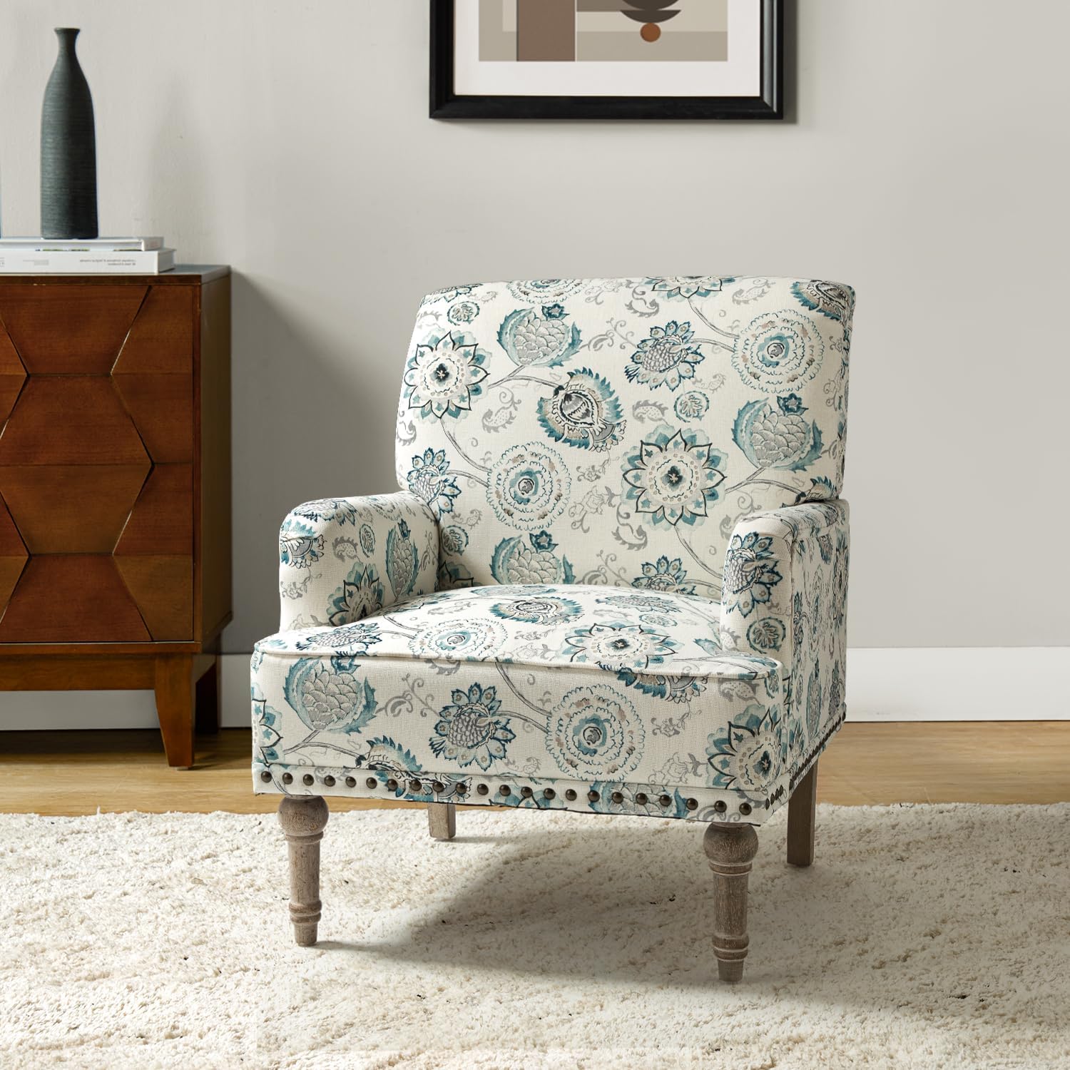 HULALA HOME Sillón moderno con patas de madera y ribete de cabeza de clavo, cómoda silla decorativa tapizada para sala de estar y dormitorio