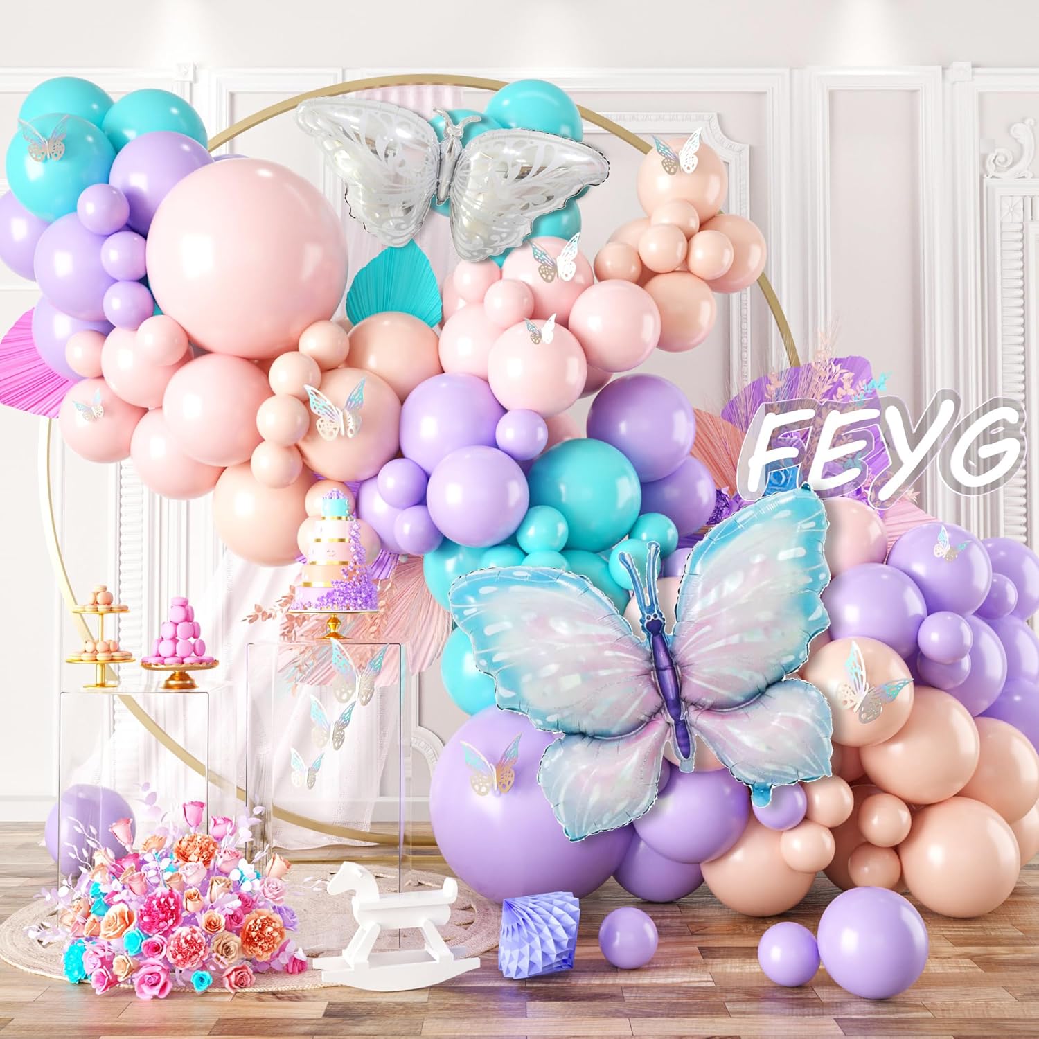Kit de arco de guirnalda de globos pastel de mariposa, decoración de cumpleaños de mariposa rosa púrpura con calcomanías de mariposa, globo de