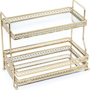 AQ Bandeja de tocador dorada, bandeja de espejo de 2 niveles para maquillaje, cuidado de la piel, bandeja de perfume para exhibición de colecciones, AQ Bandeja de tocador dorada, bandeja de espejo de 2 niveles para maquillaje, cuidado de la piel, bandeja de perfume para exhibición de colecciones,