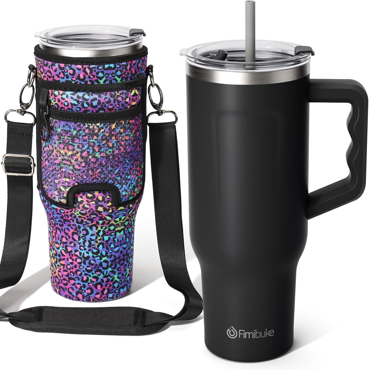 Fimibuke Vaso de 40 onzas con asa y bolsa de transporte, taza aislada de acero inoxidable con tapa, popote y bolsa para bolso, bolsillo para