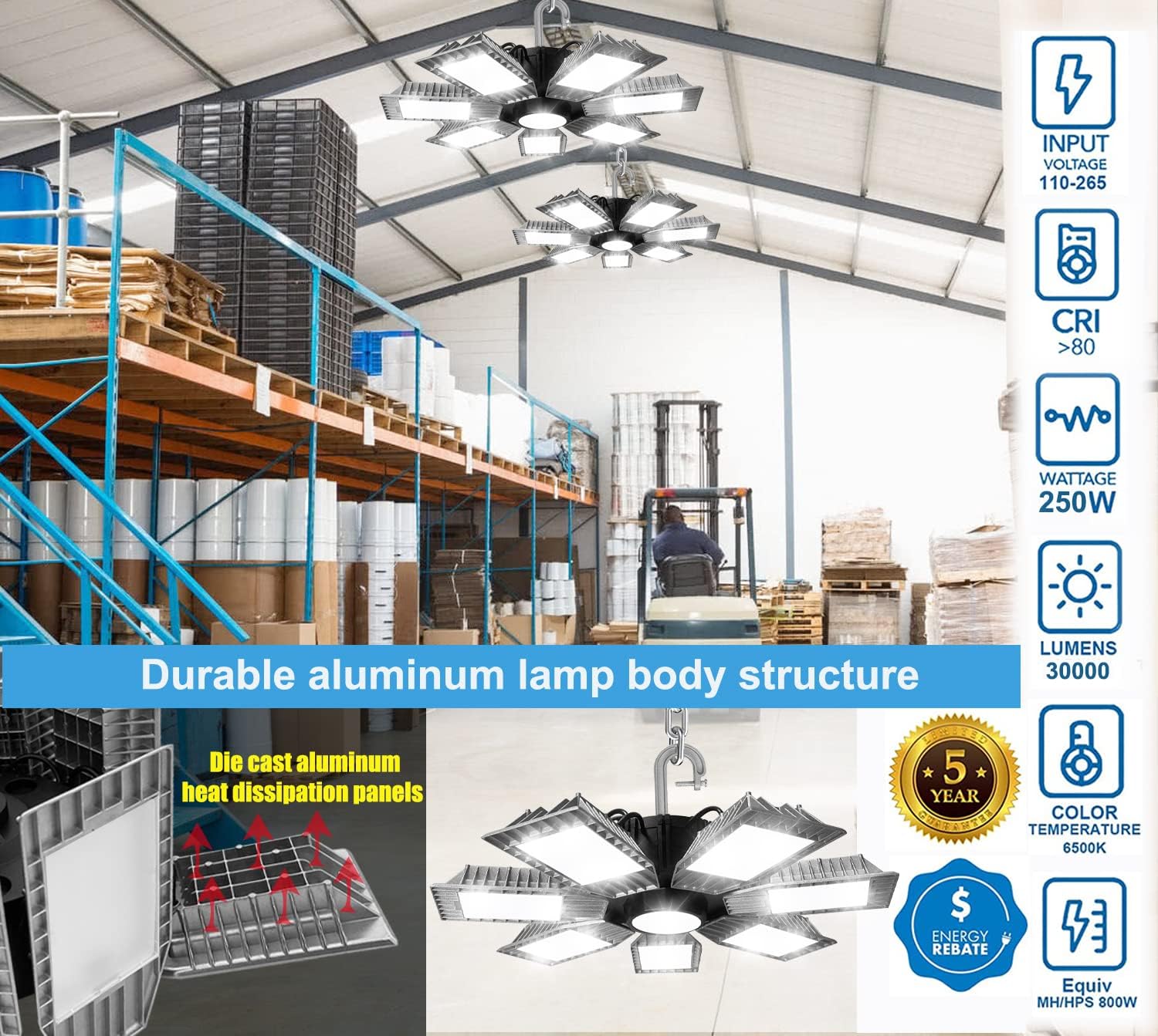 Luces LED de alta bahía, 250 W, 30000 lúmenes, 6500 K, luz diurna, paquete de 2 con 7 paneles deformables, luz LED de alta bahía para tienda de
