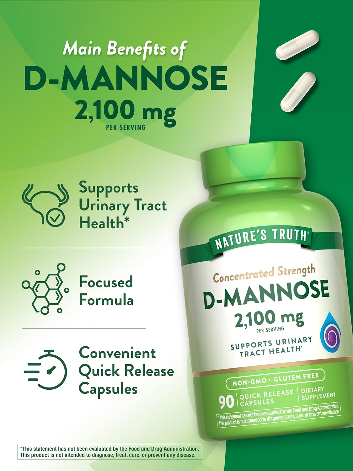 Nature’s Truth Cápsulas de D-manosa  2100 mg  90 píldoras  Suplemento sin OMG y sin gluten