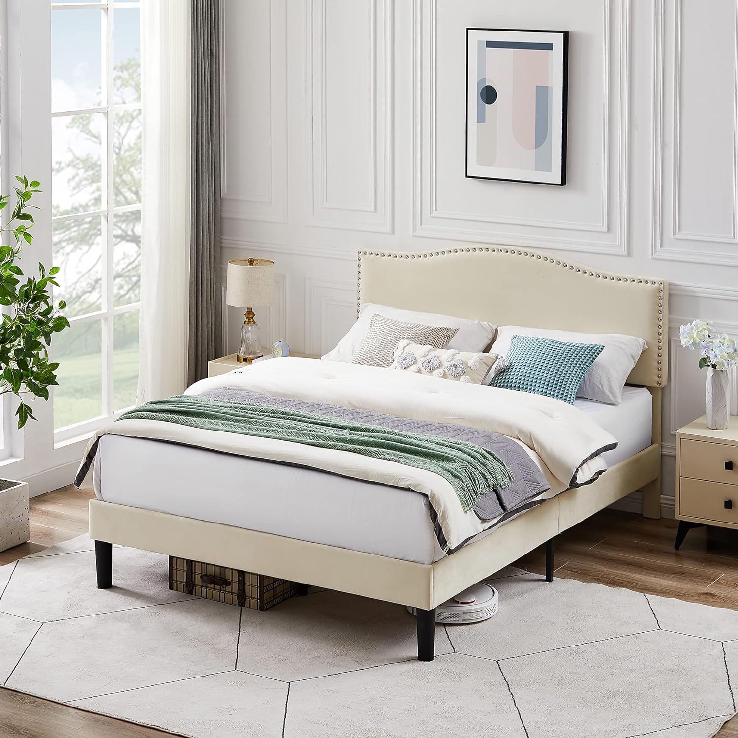 VECELO Base de cama Queen con cabecera tapizada, marco fuerte y soporte de listones de madera, fuerte capacidad de peso, antideslizante y sin ruido,