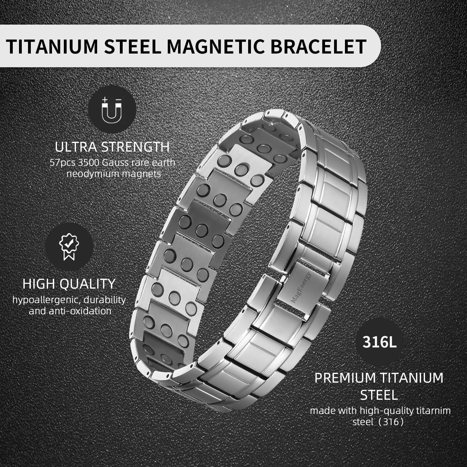 MagEnergy Pulsera magnética para hombre para el dolor, pulsera de terapia magnética con imanes de neodimio de 3 filas, pulsera de acero de titanio