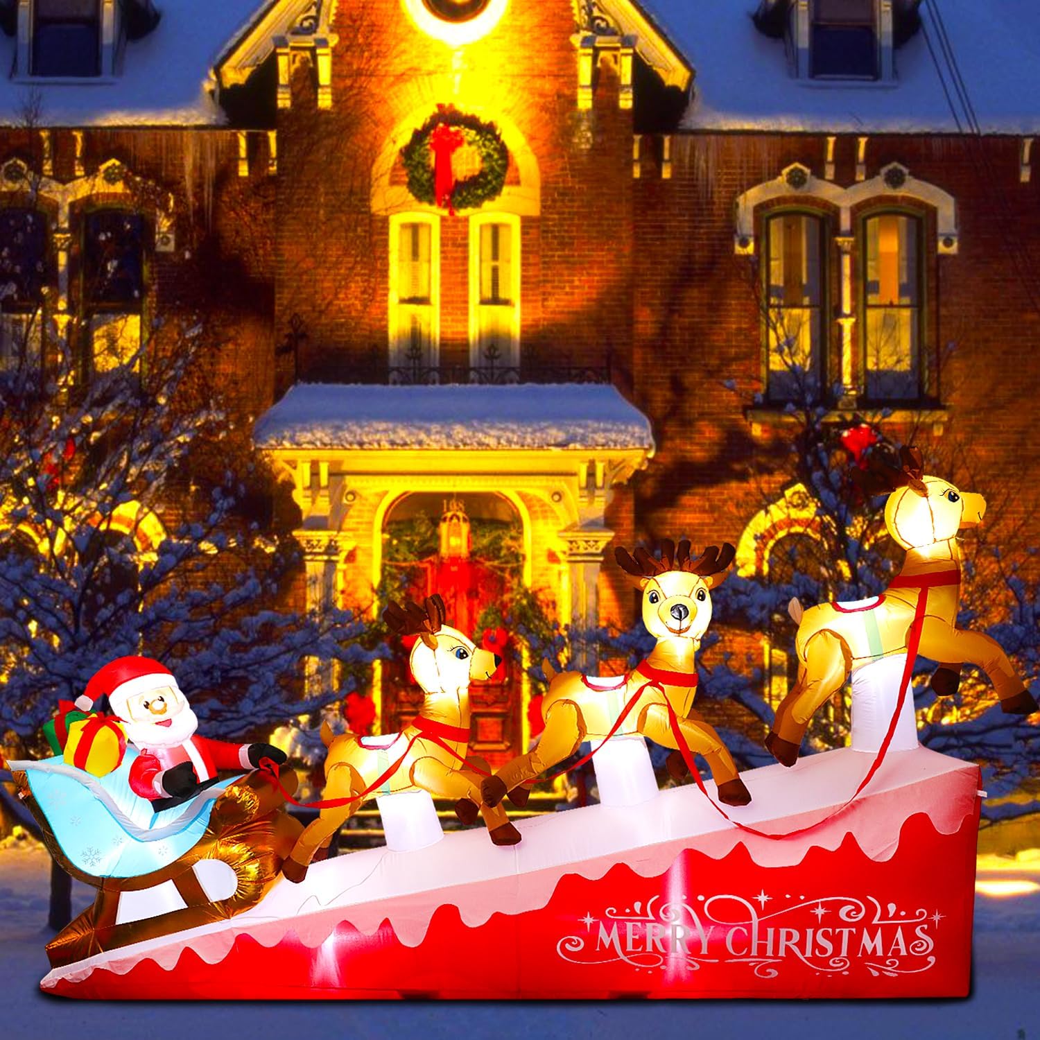 Inflables grandes de Navidad de 13.5 pies para patio al aire libre, Papá Noel inflable en trineo con 3 renos, decoración inflable iluminada para