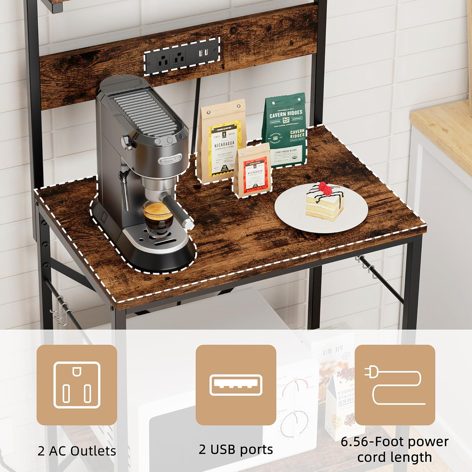 JAMFLY Estante para hornear de cocina con toma de corriente, soporte para microondas con 6 ganchos en forma de S, barra de café de 4 niveles para