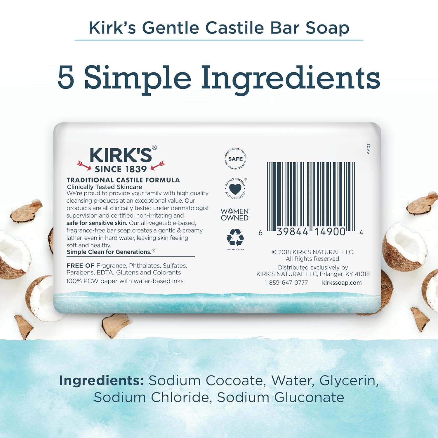 Jabón de castilla de coco marca Kirks, sin fragancia., 24 unidades