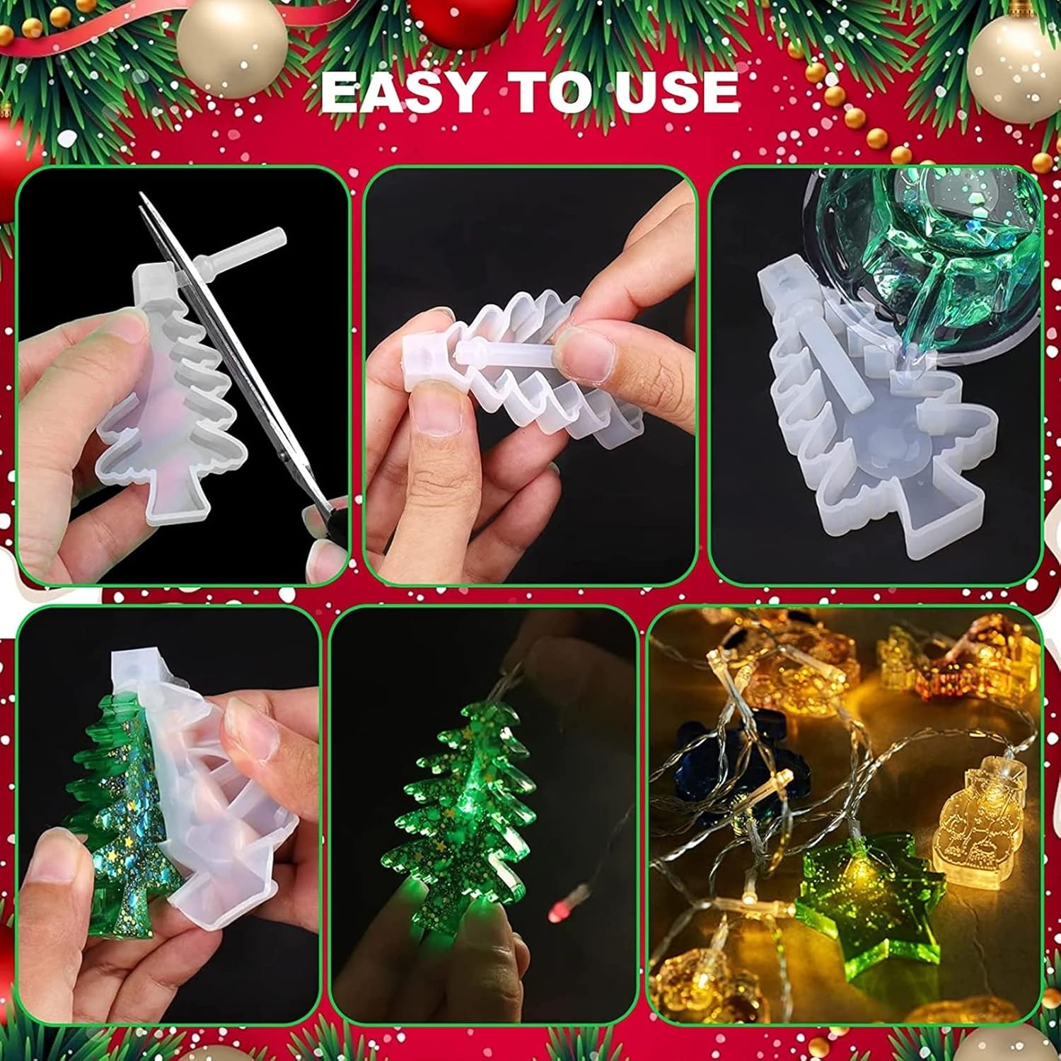 Moldes de resina de Navidad, moldes de silicona para adornos de Navidad, moldes de Navidad epoxi para fundición de resina con 2 luces de hadas para