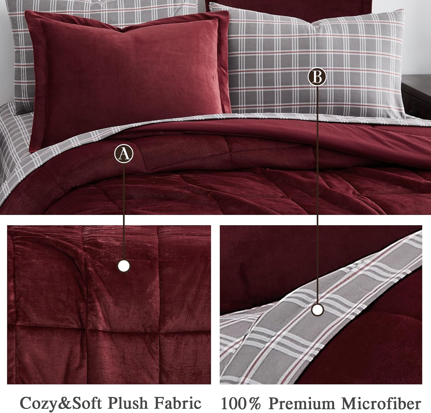 MAIREVE – Juego de edredón de lujo de tamaño matrimonial, juego de ropa de cama de franela de 7 piezas de color rojo burdeos, edredones de felpa