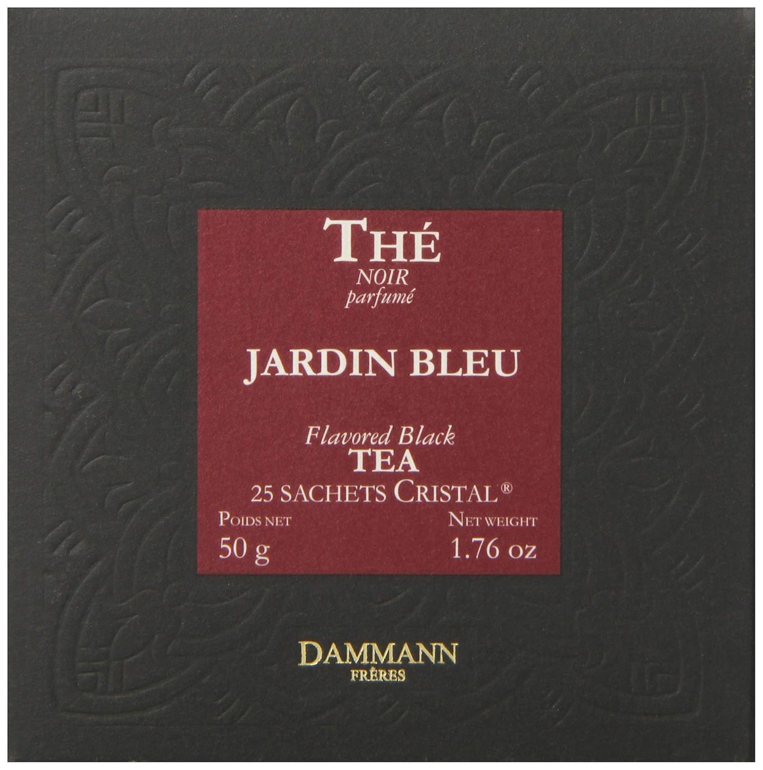 Dammann Freres Sachets, Bolsas de té Jardin Bleu, té negro francés gourmet premium, mezcla de fresa, sabores de ruibarbo, 25 unidades (paquete