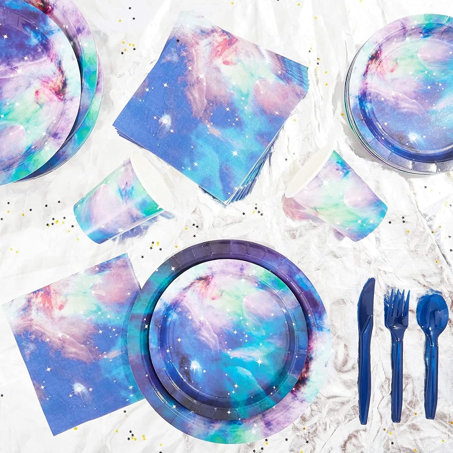168 piezas de suministros de fiesta de galaxia con platos de papel, servilletas, tazas y cubiertos para decoraciones de fiesta de cumpleaños del